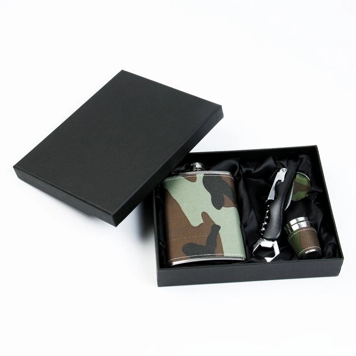 Подарочный набор 5 в 1 "Хаки": фляжка 270 мл + 2 рюмки, брелок, нож с открывалкой от компании Интернет-гипермаркет «MOLL» - фото 1