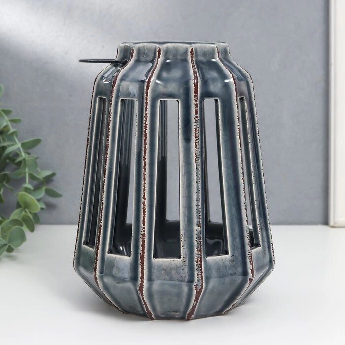 Подсвечник керамика на 1 свечу "Фонарь с вырезами" серый 19х14х14 см от компании Интернет-гипермаркет «MOLL» - фото 1