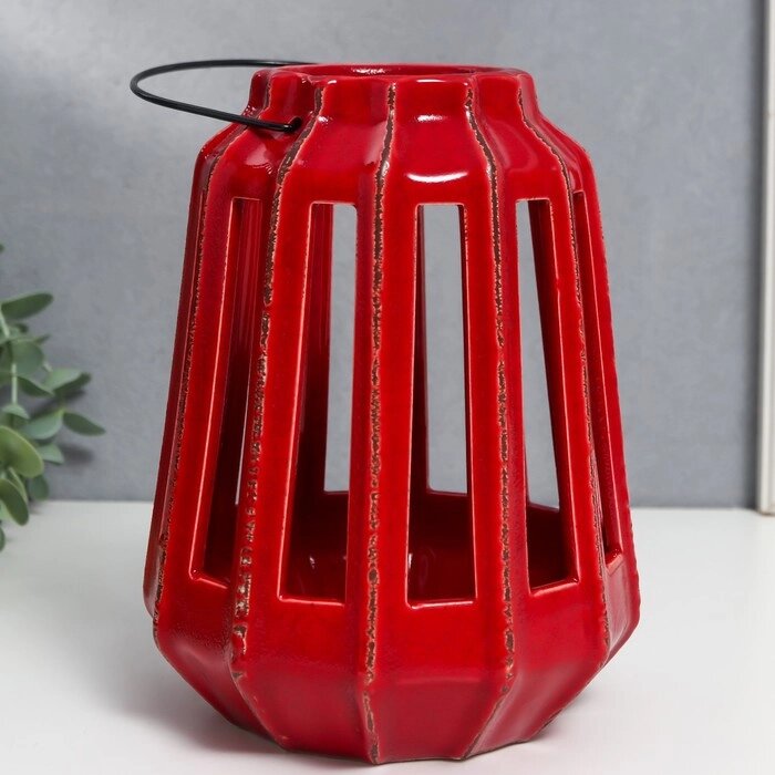 Подсвечник керамика на 1 свечу "Фонарь с вырезами" тёмно-красный 19х14х14 см от компании Интернет-гипермаркет «MOLL» - фото 1