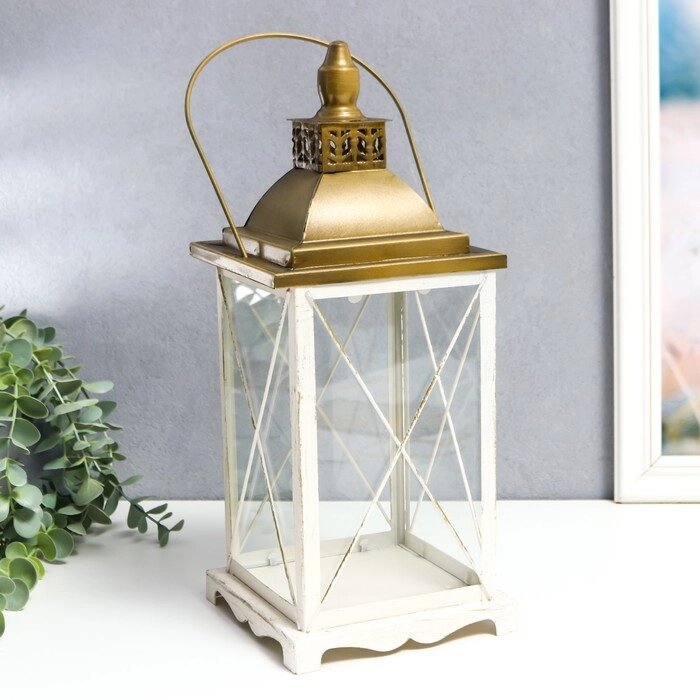 Подсвечник металл, стекло на 1 свечу "Фонарь классика" белый с золотом 35х14х14 см от компании Интернет-гипермаркет «MOLL» - фото 1