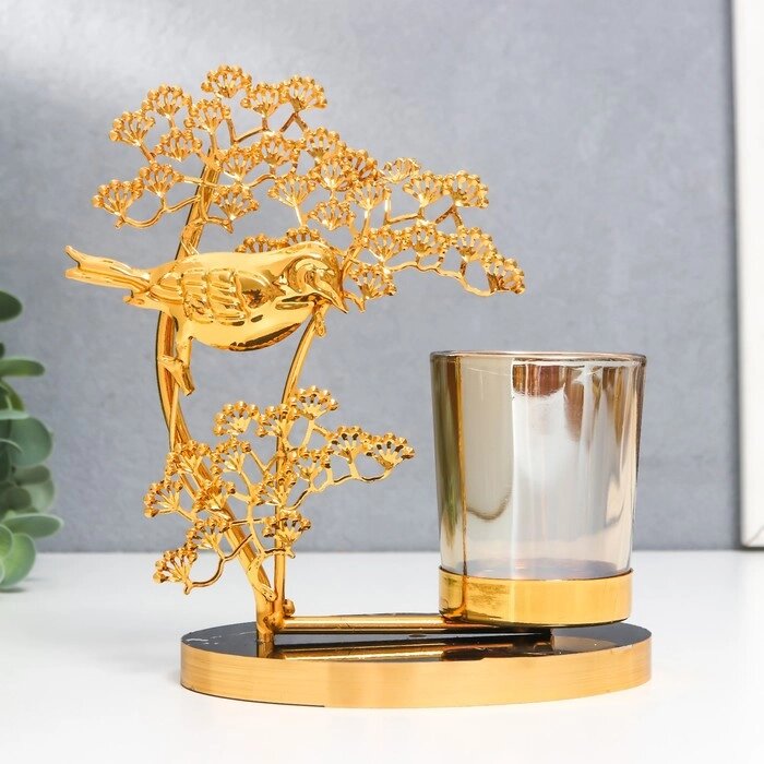 Подсвечник металл, стекло на 1 свечу "Птица на деревце" d-5 см, золото 8х15х17,5 см от компании Интернет-гипермаркет «MOLL» - фото 1