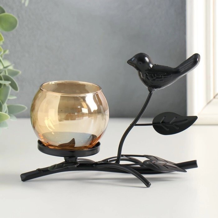 Подсвечник металл, стекло на 1 свечу "Птица на ветке" чёрный 10х15х7,3 см от компании Интернет-гипермаркет «MOLL» - фото 1