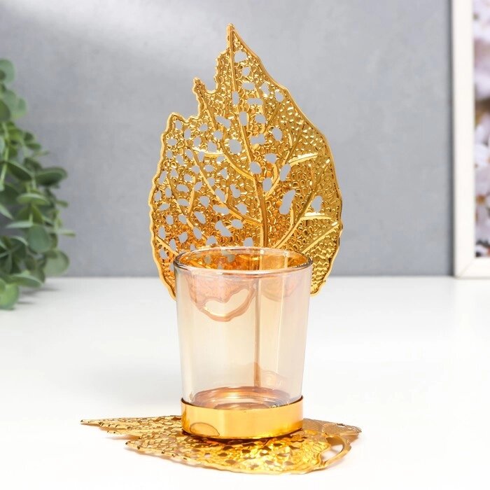 Подсвечник металл, стекло на 1 свечу "Золотые листики" d-5 см 8х12х16,5 см от компании Интернет-гипермаркет «MOLL» - фото 1