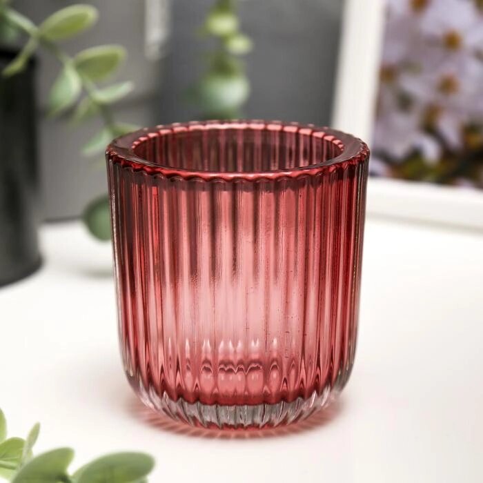 Подсвечник стекло на 1 свечу "Гофре" прозрачный розовый 7,5х7,4х7,4 см от компании Интернет-гипермаркет «MOLL» - фото 1
