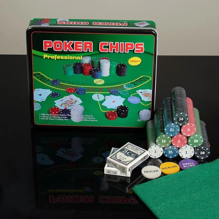 Покер, набор для игры (карты 2 колоды, фишки 500 шт, сукно) 29х33 см от компании Интернет-гипермаркет «MOLL» - фото 1