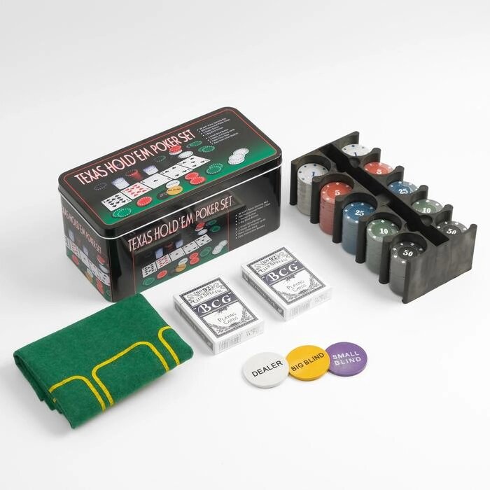 Покер, набор для игры (карты 2 колоды, фишки с номин. 200 шт, сукно 60х90 см) микс от компании Интернет-гипермаркет «MOLL» - фото 1
