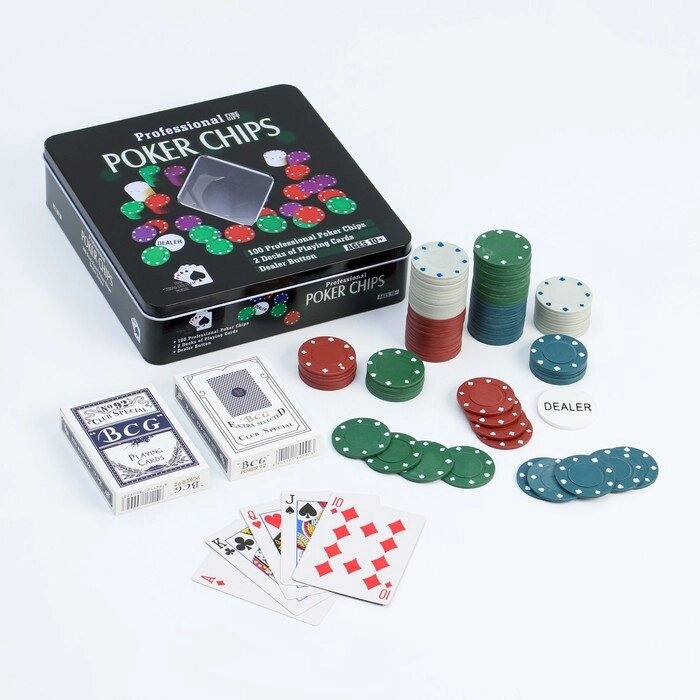 Покер набор для игры (карты 2 колоды микс, фишки 100 шт), без номинала 20х20 см от компании Интернет-гипермаркет «MOLL» - фото 1