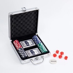 Покер в металлическом кейсе (карты 2 колоды, фишки 100 шт, 5 кубиков), 20х20 см