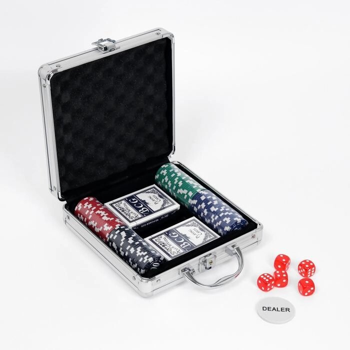 Покер в металлическом кейсе (карты 2 колоды, фишки 100 шт без номинала, 5 кубиков), 20х20 см от компании Интернет-гипермаркет «MOLL» - фото 1