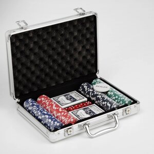 Покер в металлическом кейсе (карты 2 колоды, фишки 200 шт, 5 кубиков), 20.5х29 см