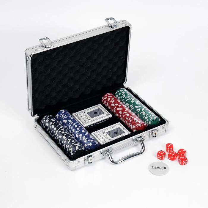 Покер в металлическом кейсе (карты 2 колоды, фишки 200 шт б/номинала, 5 кубиков), 20.5х29 см от компании Интернет-гипермаркет «MOLL» - фото 1
