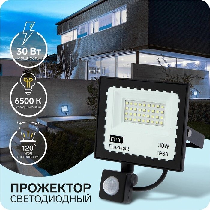 Прожектор светодиодный Luazon Lighting 30 Вт, 2700 Лм, 6500К, Датчик движения, IP66 от компании Интернет-гипермаркет «MOLL» - фото 1