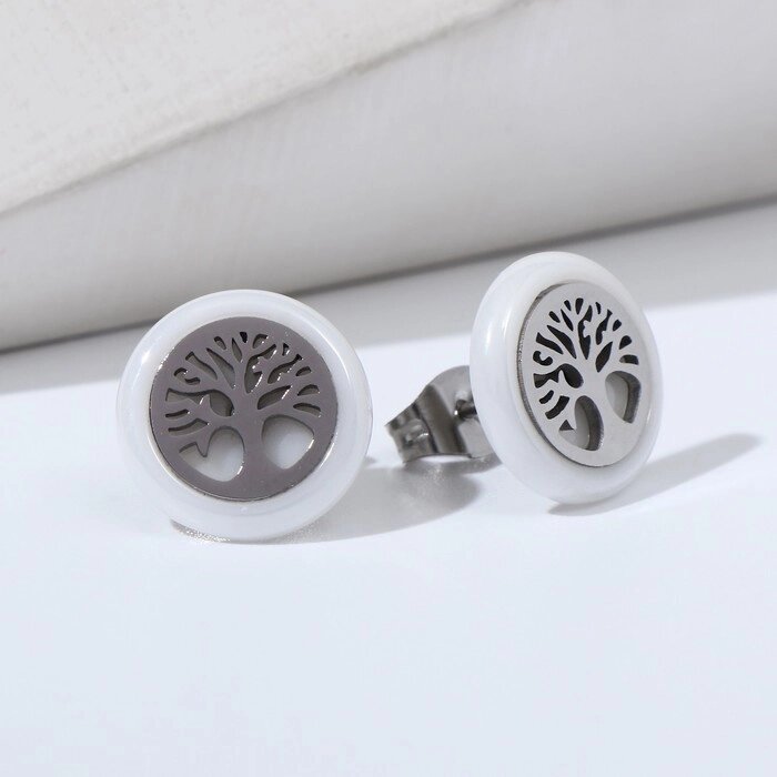 Пусеты керамика "Древо" цвет белый в серебре от компании Интернет-гипермаркет «MOLL» - фото 1