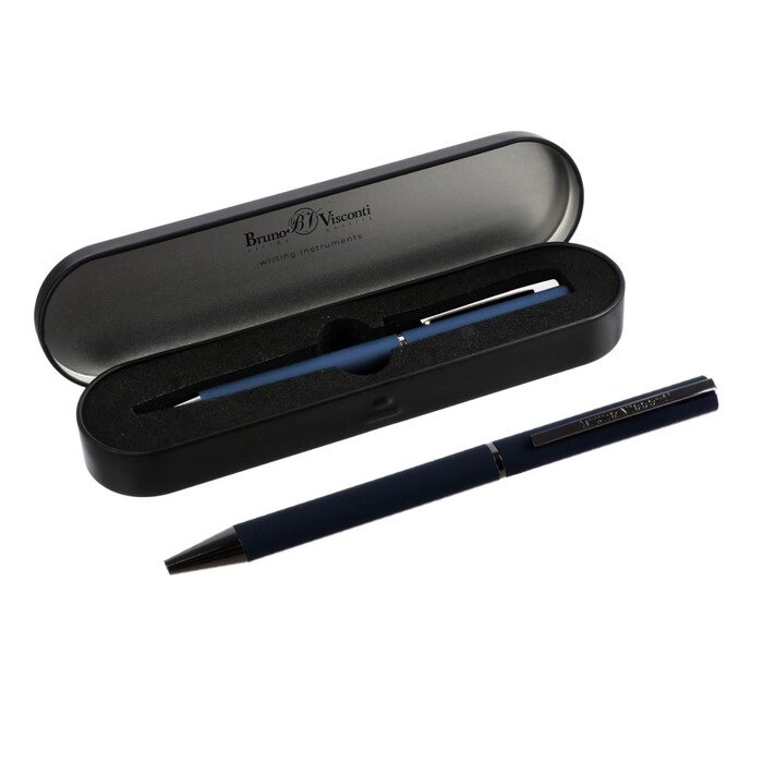 Ручка шариковая автоматическая BERGAMO 1.0 мм, синий корпус, металлический футляр, синий стержень от компании Интернет-гипермаркет «MOLL» - фото 1