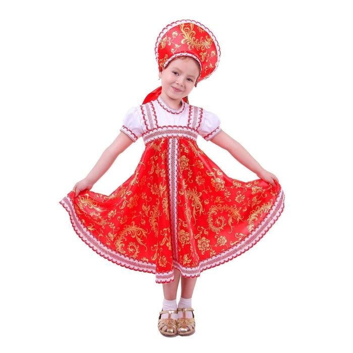 Русский народный костюм с кокошником, красно-бежевые узоры + бомбоны на шнурке, р. 32, рост 122 см от компании Интернет-гипермаркет «MOLL» - фото 1