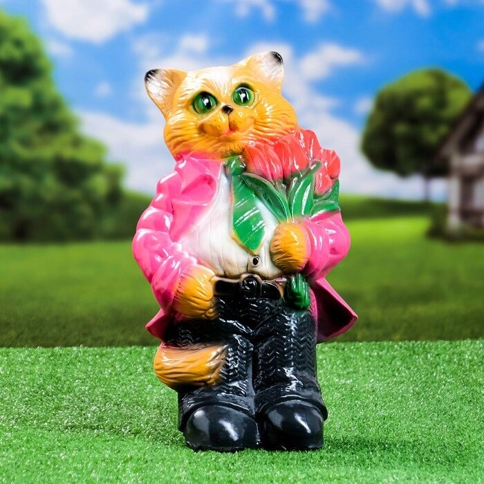 Садовая фигура "Кот большой с тюльпанами" малиновый 40см от компании Интернет-гипермаркет «MOLL» - фото 1