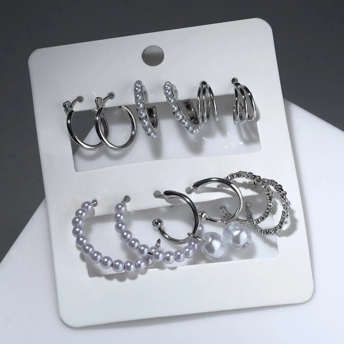 Серьги-кольца набор 6 пар "Жемчужные" настроение, цвет белый в серебре от компании Интернет-гипермаркет «MOLL» - фото 1