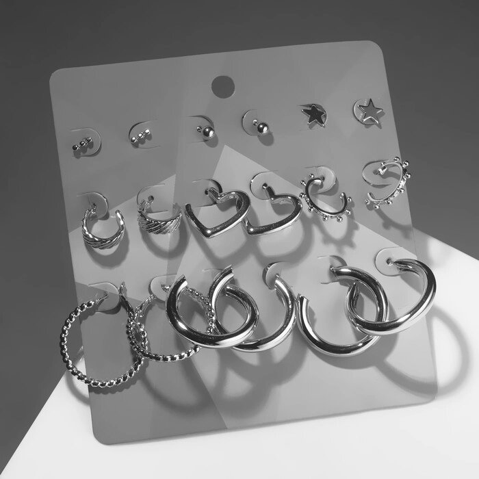Серьги-кольца набор 9 пар "Звёзды" рисунок, цвет серебро, d=3 от компании Интернет-гипермаркет «MOLL» - фото 1