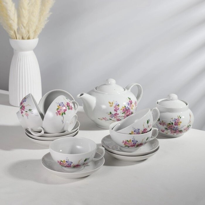Сервиз чайный "Дачный Багульник", 14 предметов: заварочный чайник, сахарница, 6 чашек, 6 блюдец от компании Интернет-гипермаркет «MOLL» - фото 1