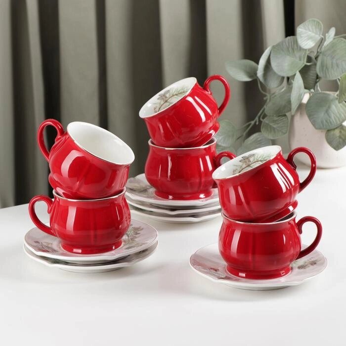 Сервиз чайный "Шишечки" чашка 200 мл, блюдце 14,5 см, цвет красный от компании Интернет-гипермаркет «MOLL» - фото 1