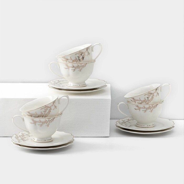 Сервиз фарфоровый чайный Leaves, 12 предметов: 6 кружек 220 мл, 6 блюдец d=15 см, цвет белый от компании Интернет-гипермаркет «MOLL» - фото 1