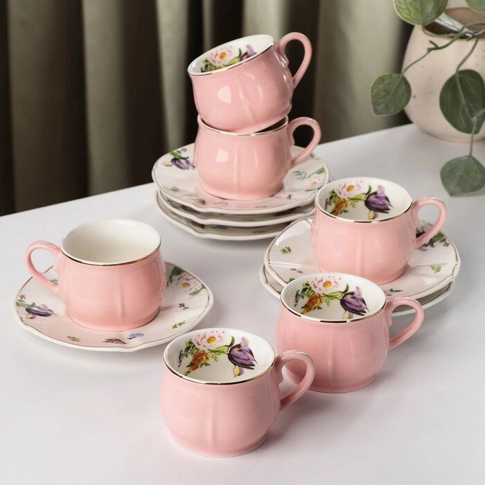 Сервиз кофейный "Сирена", 12 предметов: 6 чашек 100 мл, 6 блюдец 12 см, цвет розовый от компании Интернет-гипермаркет «MOLL» - фото 1