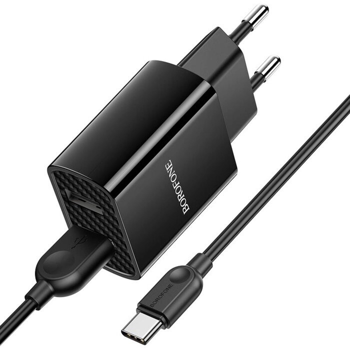 Сетевое зарядное устройство Borofone BA53A, 2xUSB, 2.1 А, кабель Lightning, чёрное от компании Интернет-гипермаркет «MOLL» - фото 1