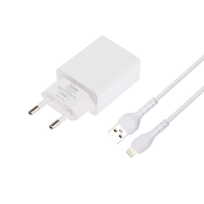 Сетевое зарядное устройство Mirex U16i, USB, 2.4 А, кабель Lightning, 1 м, белое от компании Интернет-гипермаркет «MOLL» - фото 1