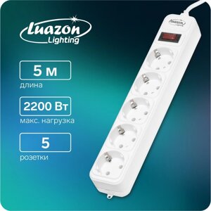 Сетевой фильтр белый Luazon Lighting, 5 розеток, 5 м, 2200 Вт, 3 х 0.75 мм2, 10 А, 220 В