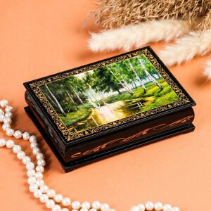 Шкатулка "Аисты в лесу", 1014 см, лаковая миниатюра