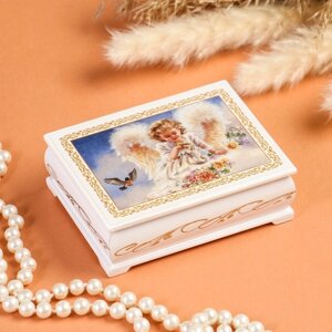 Шкатулка "Ангелок с птичками", белая, 810,5 см, лаковая миниатюра