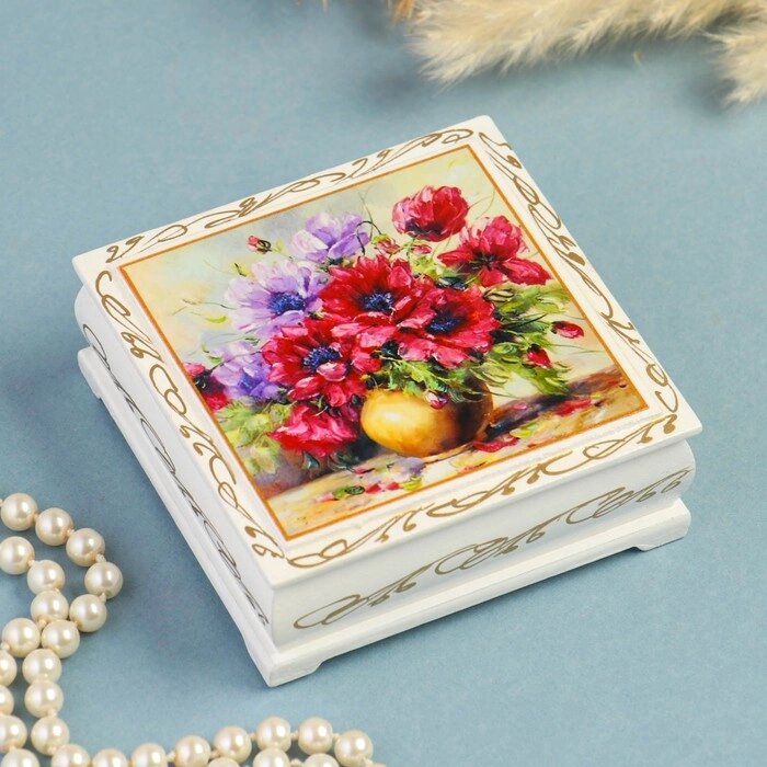 Шкатулка "Букет цветов в вазе", белая, 1010 см, лаковая миниатюра от компании Интернет-гипермаркет «MOLL» - фото 1