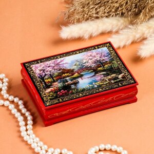 Шкатулка "Цветение сакуры", красная, 1014 см, лаковая миниатюра