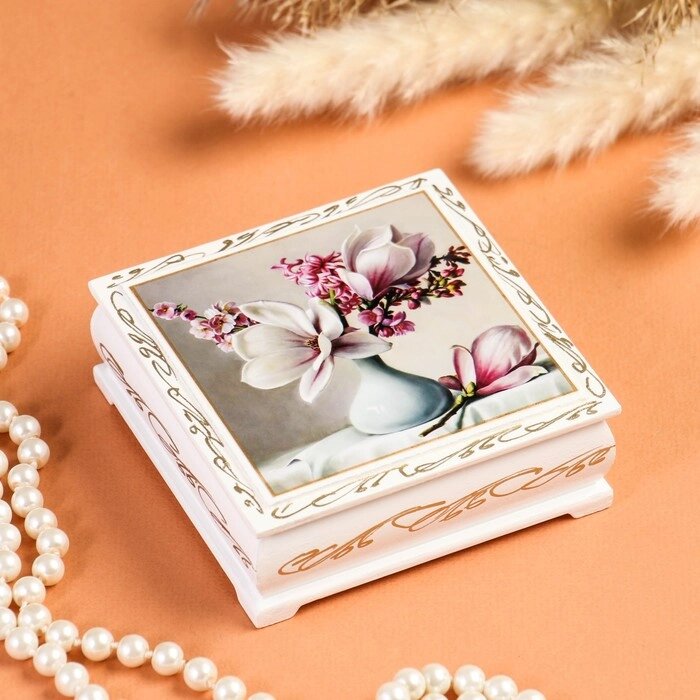 Шкатулка "Цветы в вазочке", белая, 1010 см, лаковая миниатюра от компании Интернет-гипермаркет «MOLL» - фото 1