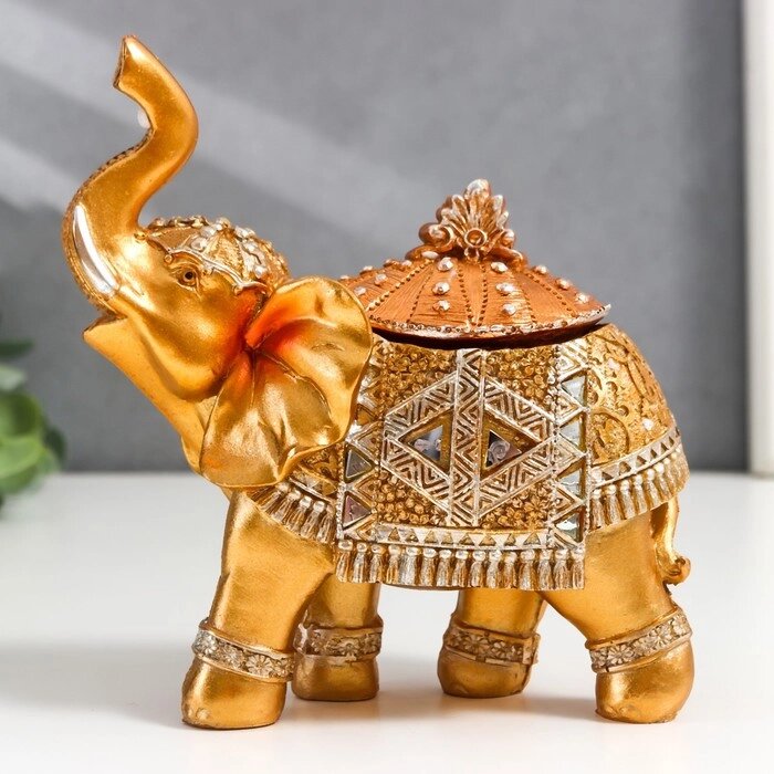Шкатулка полистоун "Золотой слон в зеркальной попоне" 15х13,7х6,5 см от компании Интернет-гипермаркет «MOLL» - фото 1