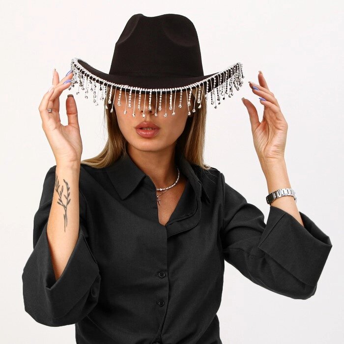 Шляпа ковбойская, со стразами, р. 56 см, цвет чёрный от компании Интернет-гипермаркет «MOLL» - фото 1