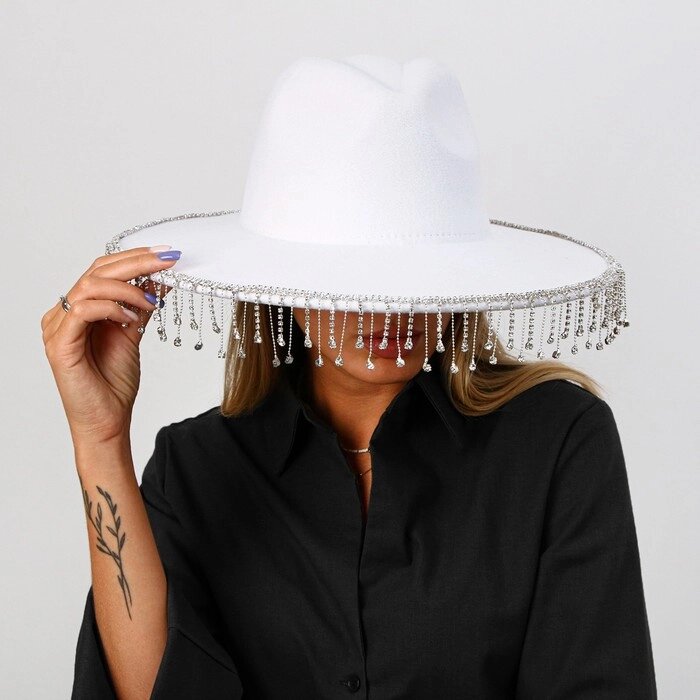 Шляпа с широкими полями, со стразами, р. 56 см, цвет белый от компании Интернет-гипермаркет «MOLL» - фото 1