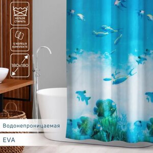 Штора для ванной комнаты Доляна "Рыбки", 180180 см, EVA