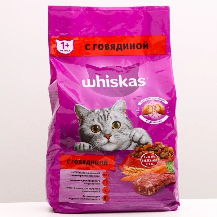 Сухой корм Whiskas для кошек, подушечки, паштет с говядиной,  1900 гр от компании Интернет-гипермаркет «MOLL» - фото 1