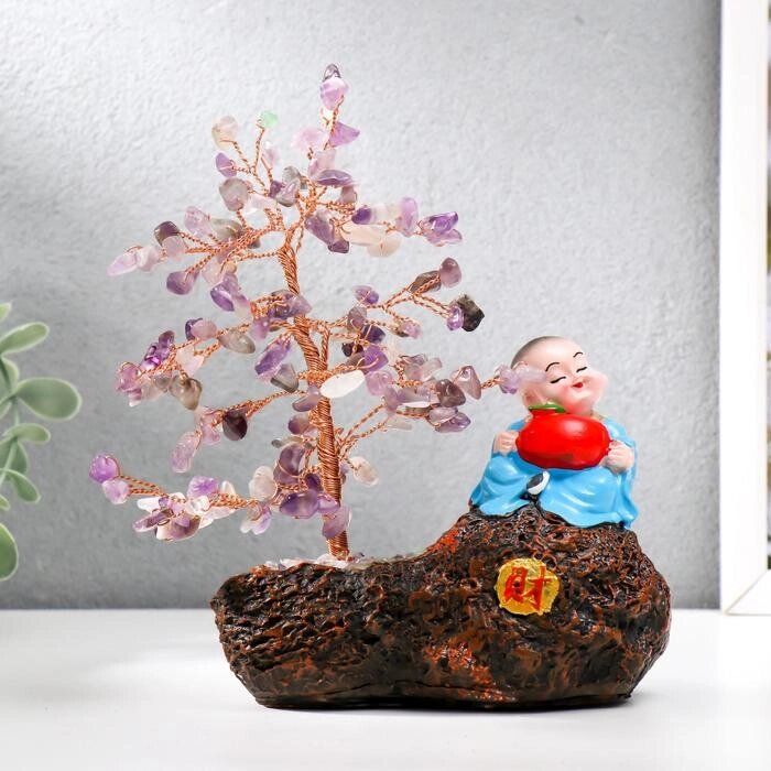 Сувенир бонсай 147 камней "Хотей с яблоком у дерева с аметистами" 18х13х6 см от компании Интернет-гипермаркет «MOLL» - фото 1