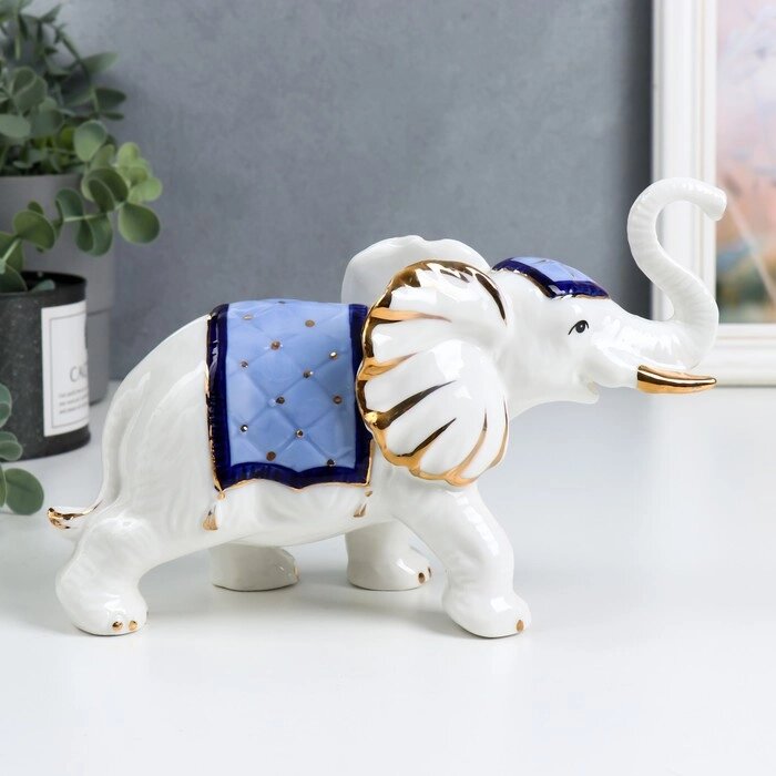 Сувенир керамика "Белый слон с попоной с кисточками" синий с золотом 16 см от компании Интернет-гипермаркет «MOLL» - фото 1