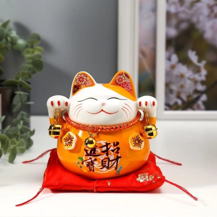 Сувенир керамика копилка "Оранжевый кот Манэки-нэко с колокольчиками" 11,5х11,5х9,5 см от компании Интернет-гипермаркет «MOLL» - фото 1