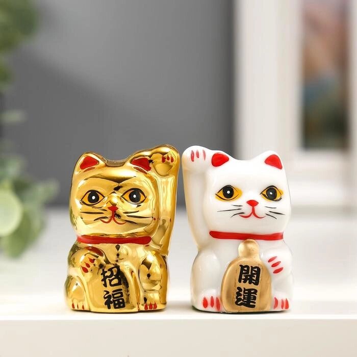 Сувенир керамика "Кот Манэки-нэко белый и золотой" набор 2 шт 5х3,3х3 см от компании Интернет-гипермаркет «MOLL» - фото 1