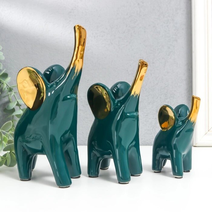 Сувенир керамика "Слоники - зелёный глянец" золото набор 3 шт 9х11; 10,5х15,5; 12,5х19 см от компании Интернет-гипермаркет «MOLL» - фото 1
