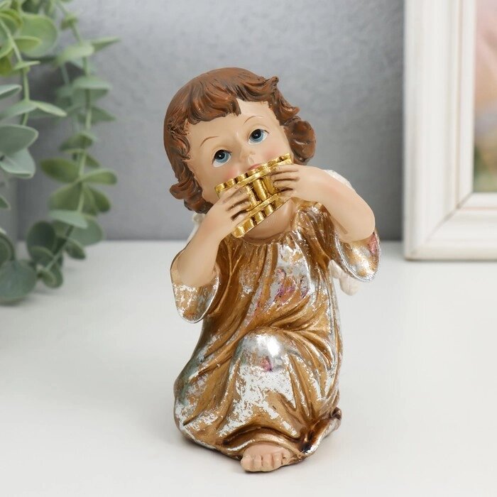 Сувенир полистоун "Ангел играет на пан-флейте" золотистый 7х8х12,5 см от компании Интернет-гипермаркет «MOLL» - фото 1