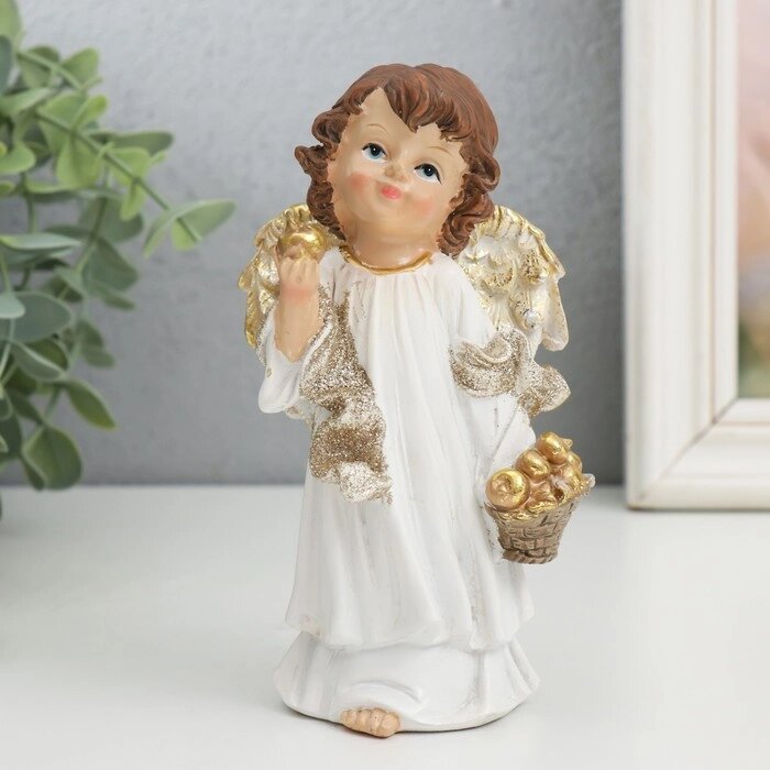 Сувенир полистоун "Ангел в белом платье, с золотыми яблоками" золотые крылья 7х8х14 см от компании Интернет-гипермаркет «MOLL» - фото 1