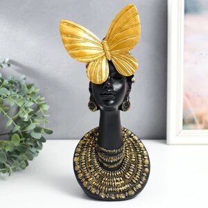 Сувенир полистоун бюст "Африканка с бабочкой на голове" чёрный с золотом 13х10х31,5 см