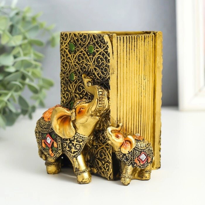 Сувенир полистоун карандашница "Слон и слонёнок в попоне с цветком" бронза 8,5х9х11,5 см от компании Интернет-гипермаркет «MOLL» - фото 1