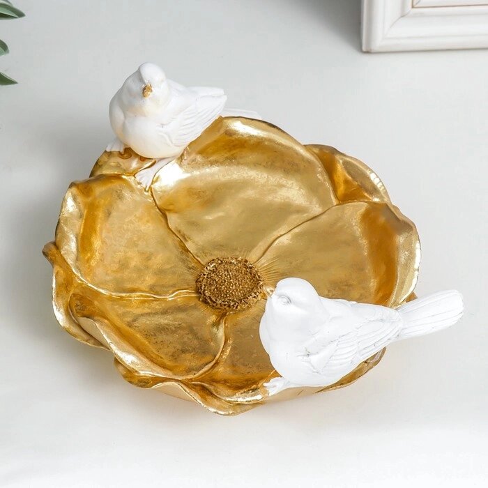 Сувенир полистоун подставка "Белые воробышки на золотом цветке" 9,5х18х20 см от компании Интернет-гипермаркет «MOLL» - фото 1