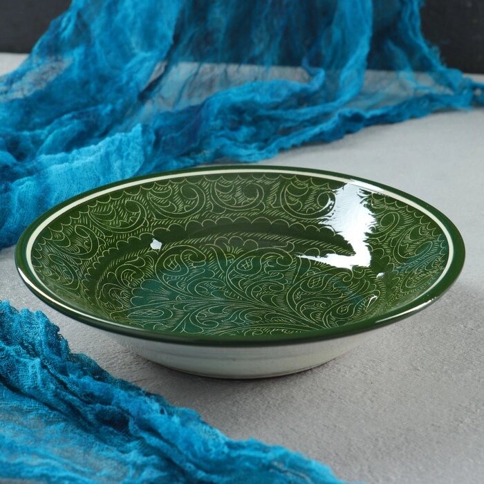 Тарелка глубокая, риштанская роспись, 20 см, зелёная от компании Интернет-гипермаркет «MOLL» - фото 1